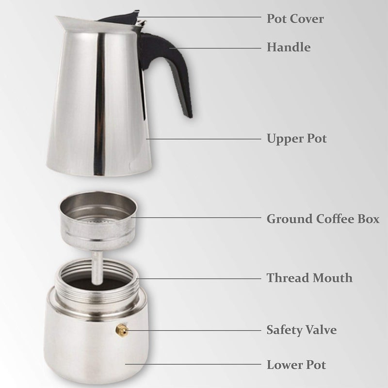 elabo Stovetop Espresso Machine and Moka Pot for Gas or Electric Ceramic Stovetop, Italian Espresso Coffee Shot Maker for Italian Espresso, Cappuccino and Latte, Stainless Steel 304, 10 Cups - Image 4